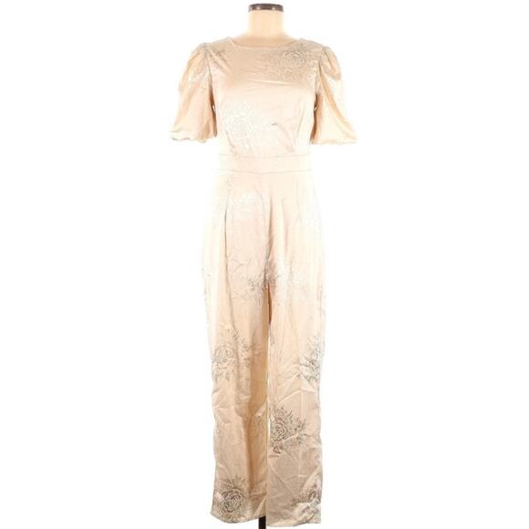 Lulus Time After Time Champagne Floral Jacquard Puff Sleeve Jumpsuit Size M - Picture 3 of 13